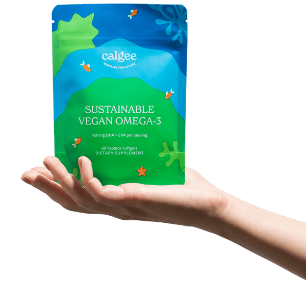 hand holding a calgee vegan omega 3 pouch from the right side