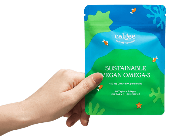 hand holding a calgee vegan omega 3 pouch